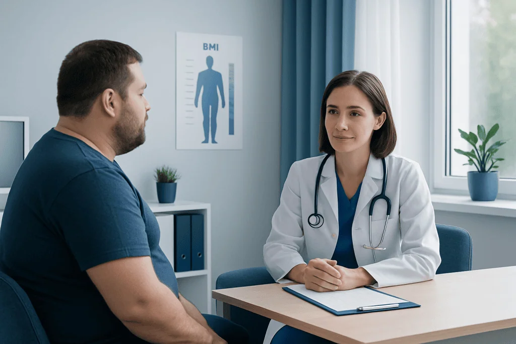 Doctor consulting patient about Body Mass Index in a medical office.