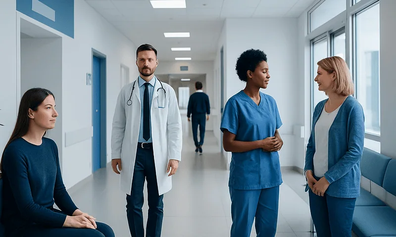 Medical team consulting in hospital corridor with patients and staff.