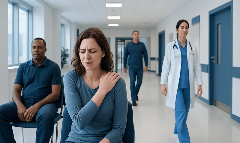 Patient experiencing shoulder pain in a hospital waiting area.
