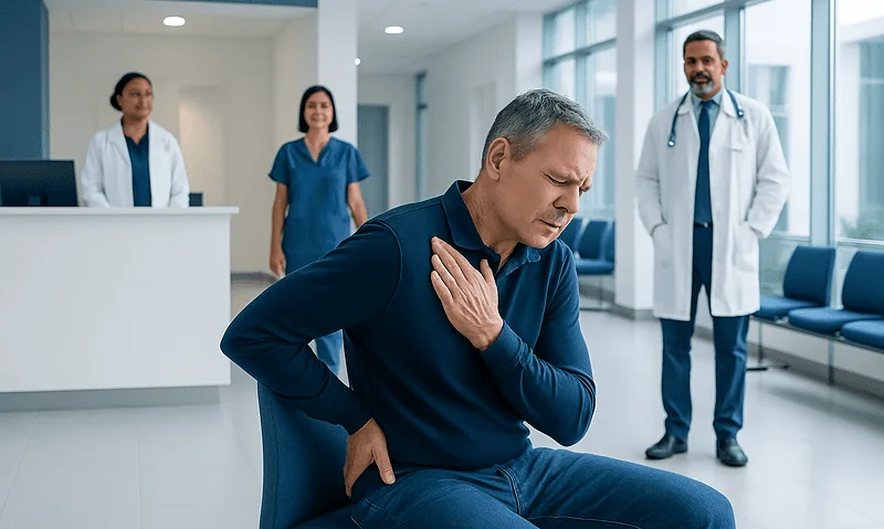 Middle-aged man experiencing back pain in a hospital waiting area.