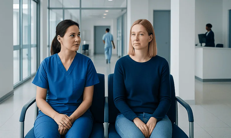 Two women waiting in a hospital corridor, one in medical scrubs and the other in casual clothes.