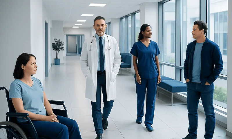 Medical team consulting with patient in hospital corridor.