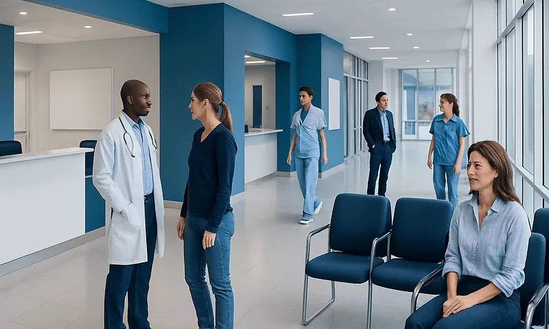 Healthcare professionals and patients in a modern hospital corridor.