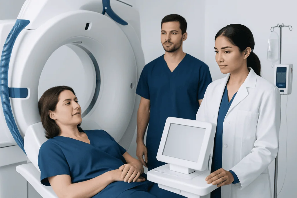 Medical professionals preparing for a CT scan in a hospital setting.