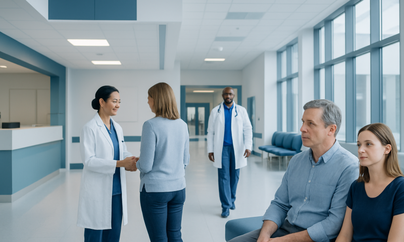 Healthcare professionals and patients in a modern hospital corridor.