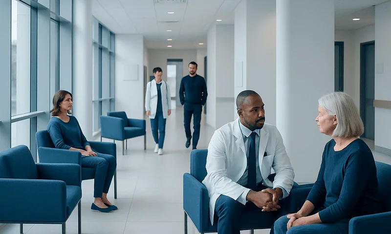 Doctor consulting with elderly patient in hospital corridor.