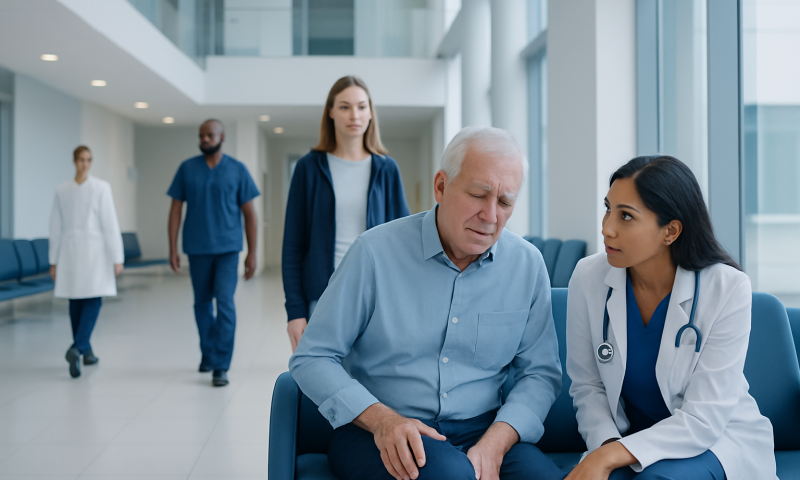 Doctor consulting with elderly patient in hospital corridor.