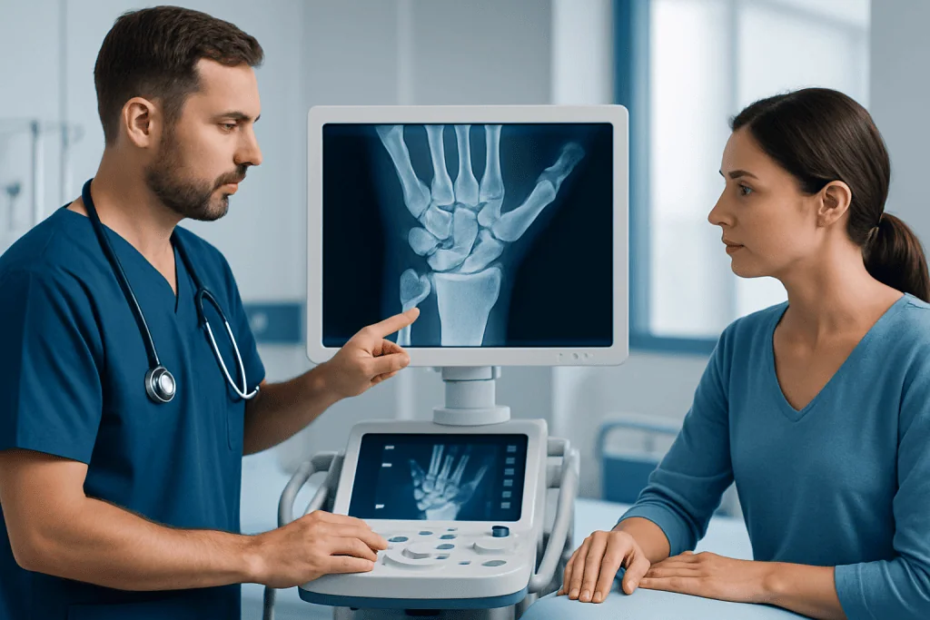 Doctor explaining wrist X-ray to patient in medical clinic.