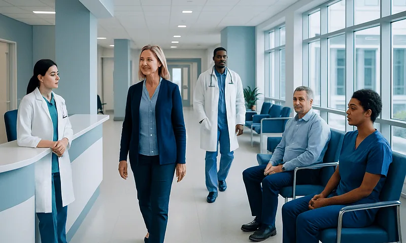 Medical team in hospital corridor with patients and staff.