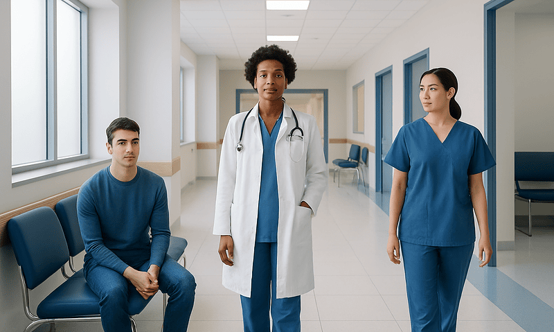 Medical team in hospital corridor with patients and staff.
