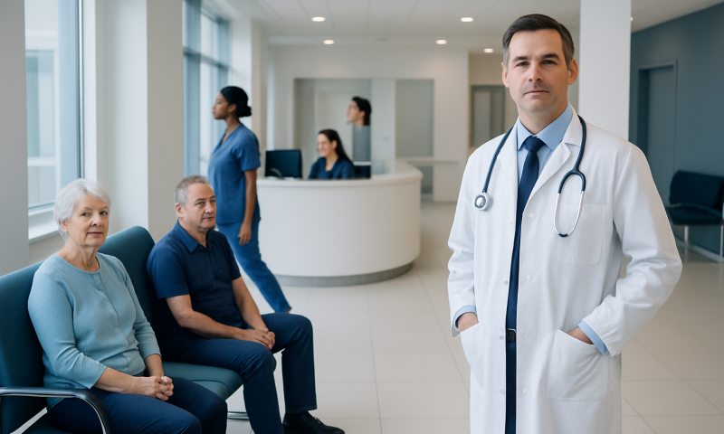 Doctor with patients in a modern hospital waiting area.