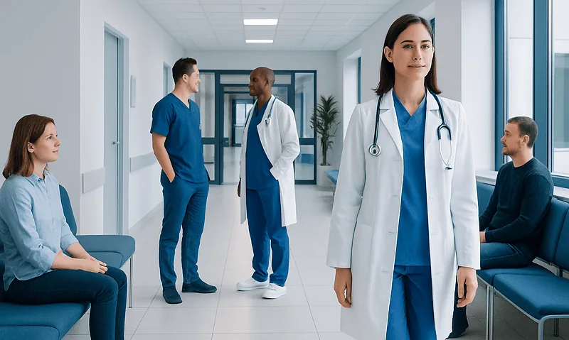 Medical professionals and patients in a hospital corridor at Acibadem Hospitals Group.