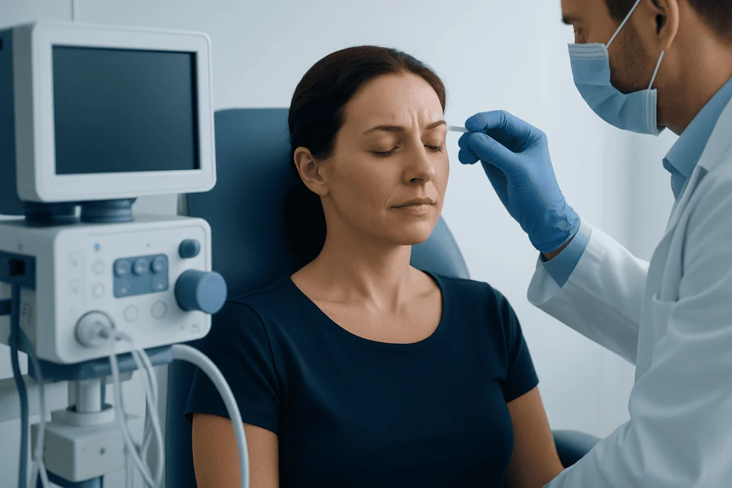 Doctor administering Botox injection to a woman in a clinical setting.