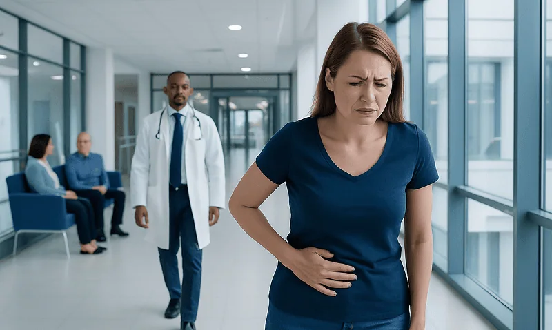 Woman with stomach pain in hospital corridor with doctor and patients.