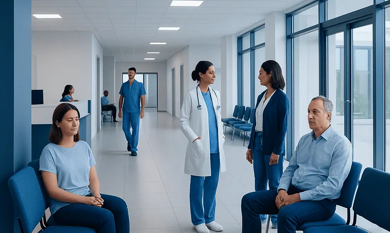 Hospital waiting area with medical staff and patients at Acibadem Hospitals Group.