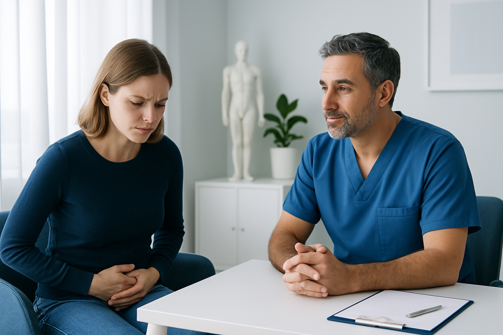 Doctor consulting with a woman patient in a medical office setting.