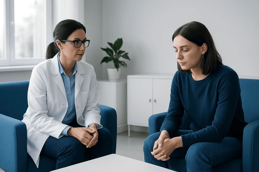 Doctor and patient in consultation about mental health issues.