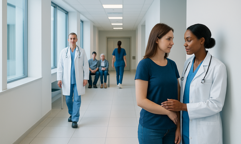 Healthcare professionals discussing patient care in hospital corridor.