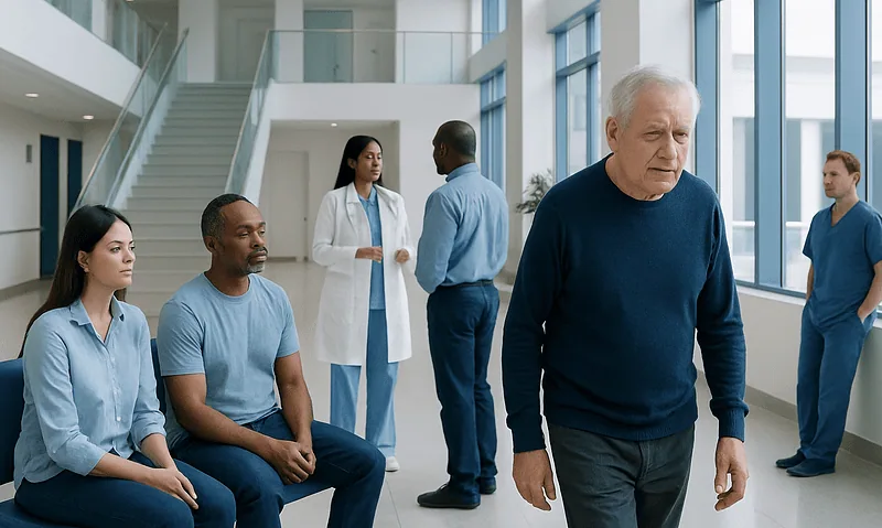 Bradykinesia: What Patients Need to Know 6 Elderly man walking in hospital corridor with medical staff and patients nearby.