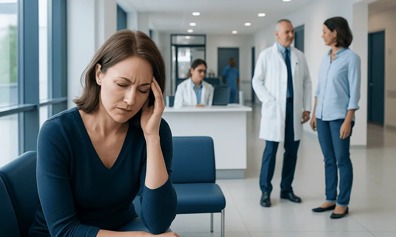 Brain fog: Common Causes, Warning Signs, and When to Worry 10 Woman experiencing headache in hospital waiting area.