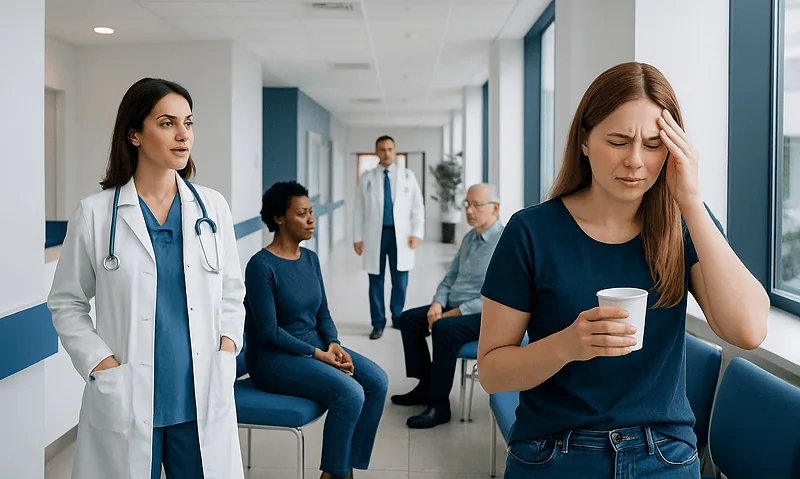 Young woman with headache holding coffee in hospital corridor.