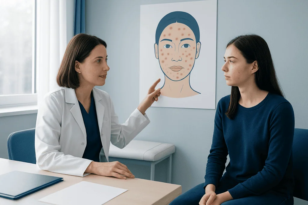 Doctor explaining acne face map to patient in consultation room.