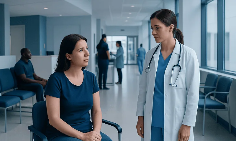 Doctor consulting a patient in a hospital corridor with other staff in background.