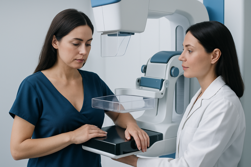 Medical professionals conducting a breast examination in a clinical setting.