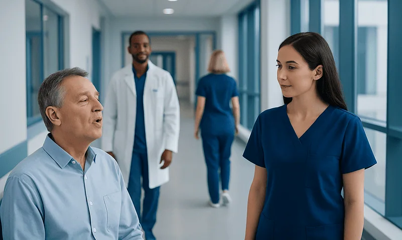 Medical professionals and patient in hospital corridor discussing health.