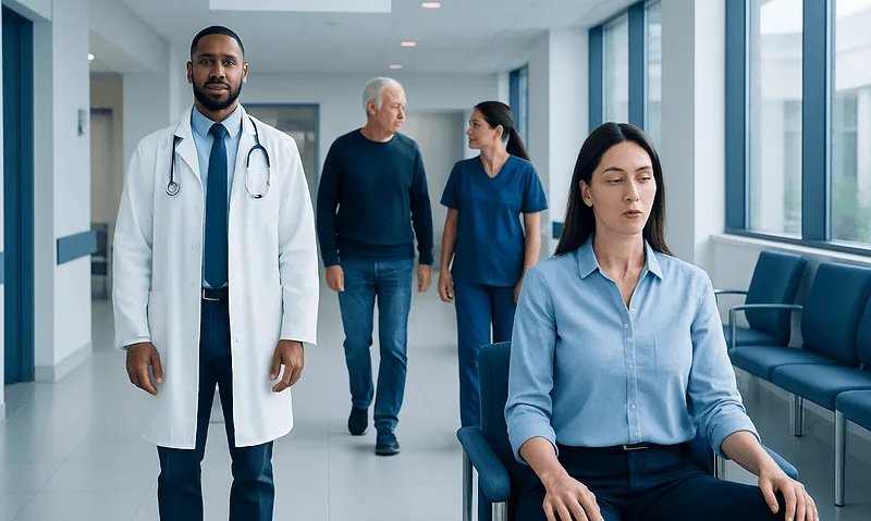 Medical professionals and patient in a hospital corridor at Acibadem Hospitals Group.