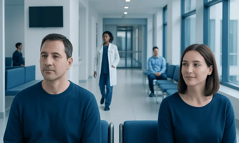 Patients waiting in a modern hospital corridor with medical staff present.