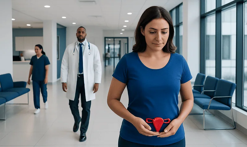 Woman holding a red heart-shaped object in a hospital corridor.