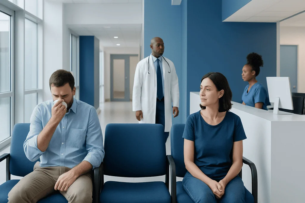 Bright yellow snot: Symptoms, Causes, and Treatment — Complete Patient Guide 1 Patients waiting in a hospital lobby with medical staff nearby.