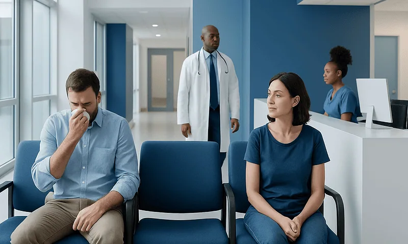 Patients waiting in a hospital lobby with medical staff nearby.