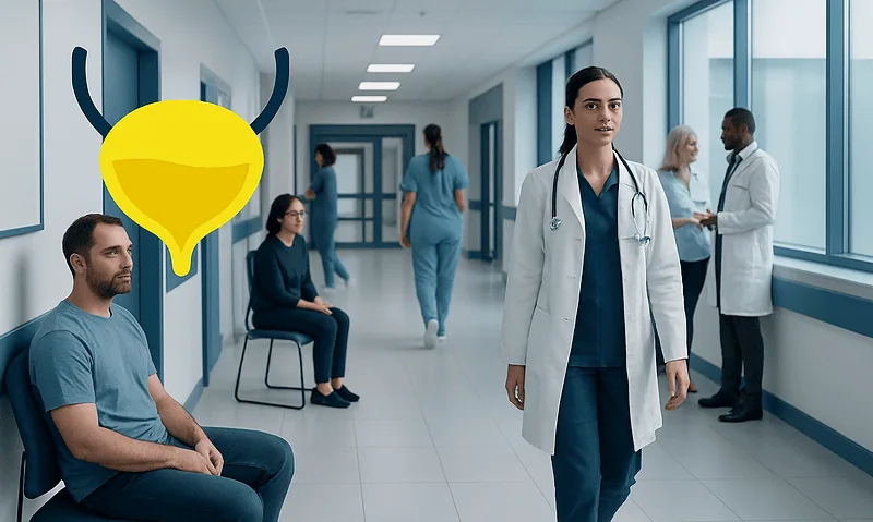 Medical staff and patients in a hospital corridor with a yellow urine icon overlay.