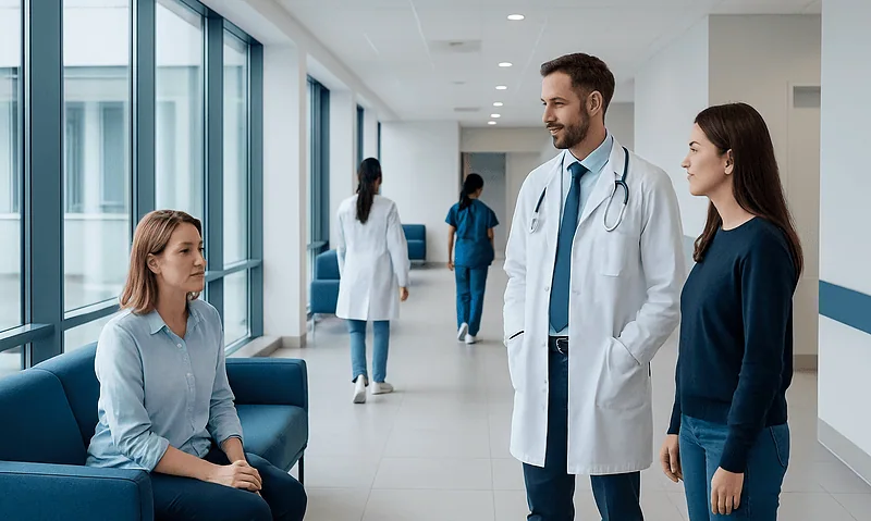 Bromphen — Explained by Medical Evidence, Not Myths 6 Medical consultation in a modern hospital corridor with doctors and patients.