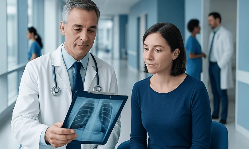 Doctor reviewing a patient's chest X-ray in a hospital corridor.
