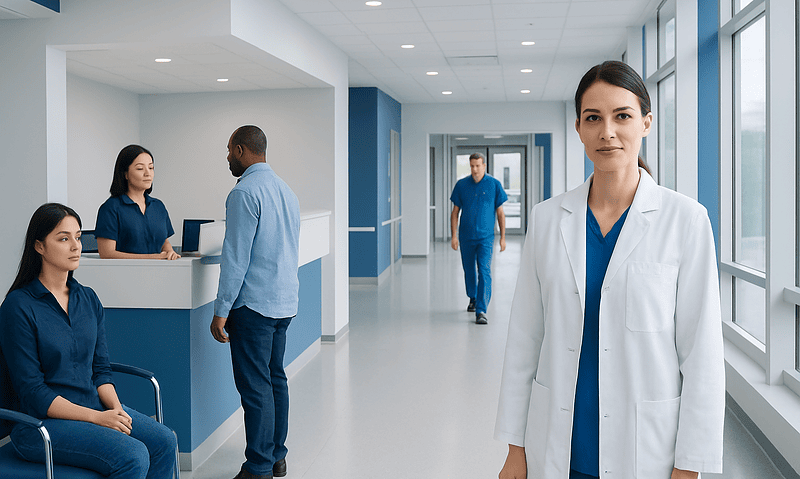 Healthcare professionals and patients in a modern hospital corridor.