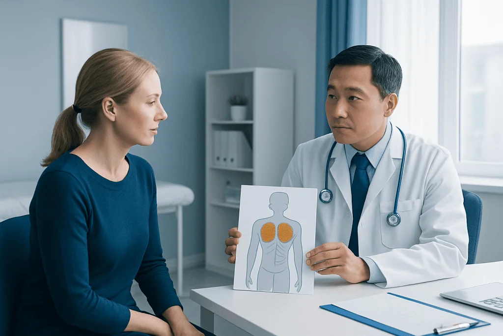 Doctor explaining brown fat to a patient in a medical consultation.