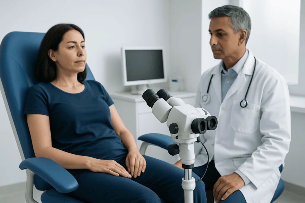 Doctor consulting with a woman patient in a medical office.