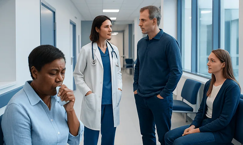 Brown pieces in phlegm: Symptoms, Causes, and Treatment — Complete Patient Guide 4 Doctor consulting with patients in a hospital corridor.