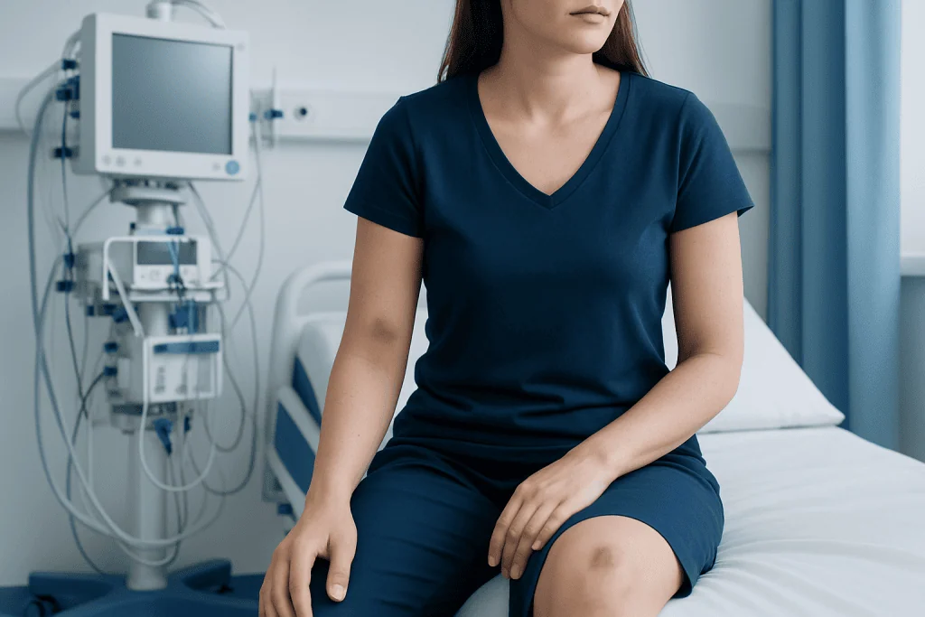 Woman in hospital gown sitting on bed with medical equipment nearby.