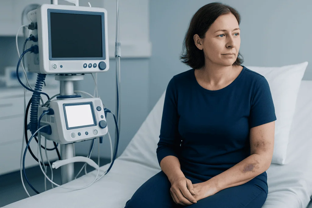 Woman with bruises on her arm in a hospital room.