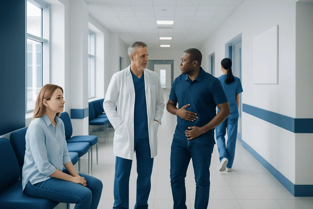 Bubble guts: Symptoms, Causes, and Treatment — Complete Patient Guide 1 Doctor consulting with patient in hospital corridor.
