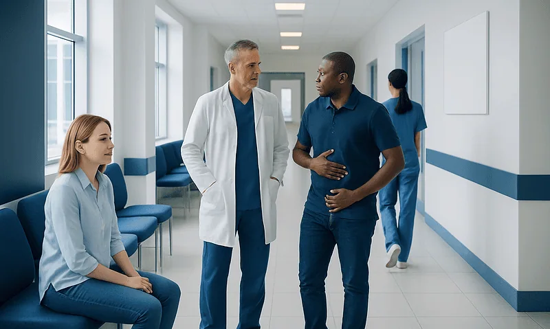 Doctor consulting with patient in hospital corridor.