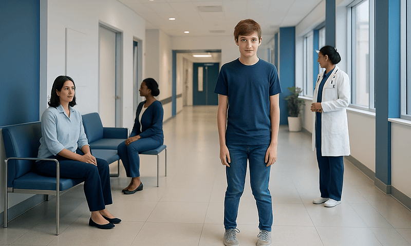 Buckle Kneed — Explained by Medical Evidence, Not Myths 6 Young male patient waiting in hospital corridor with medical staff nearby.