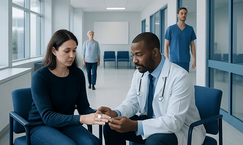 Doctor examining patient's hand in a hospital corridor.