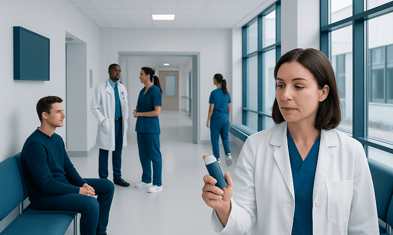 Healthcare professionals in a hospital corridor with a patient and staff.