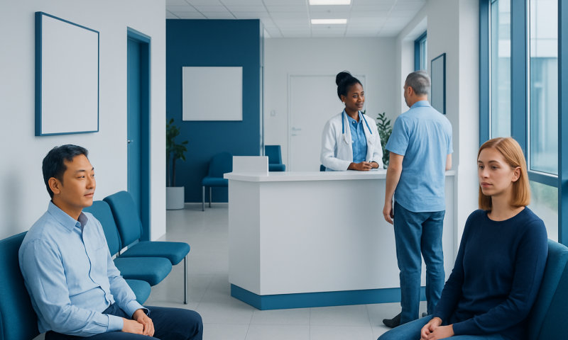 Budesonide: What Patients Need to Know 9 Patients waiting in a modern hospital corridor with a nurse at the reception desk.