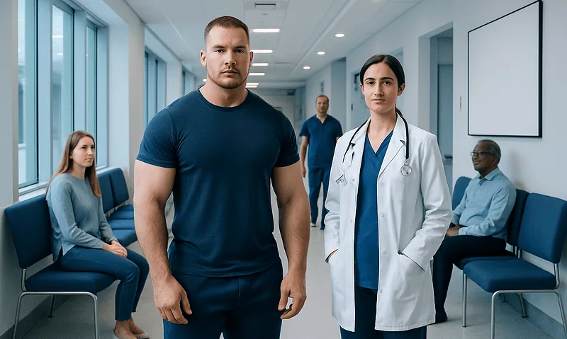 Male patient and female doctor in hospital corridor with waiting patients.